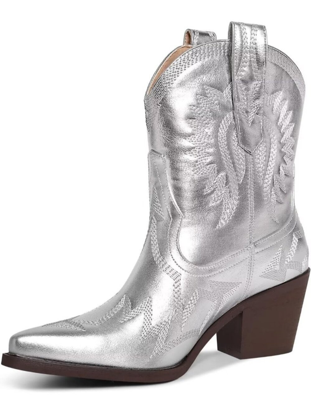 Women's Silver Western Ankle Cowgirl Boots Chunky Pointed Toe Wide Calf Boots